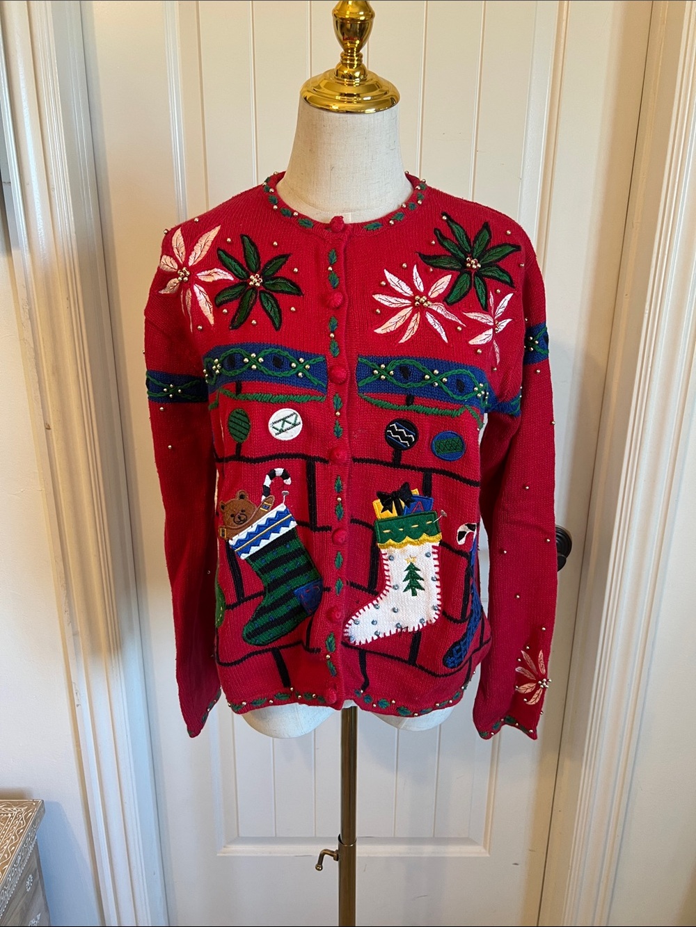 Men's Red Holiday Cardigan Sweater with Festive Embroidery